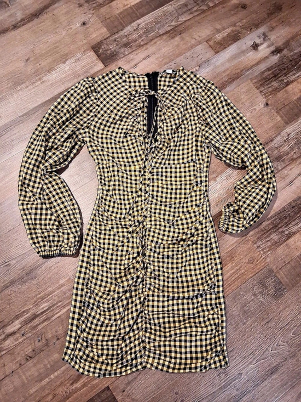 Topshop Check Ruched Mini Dress in Yellow & Black Size 4